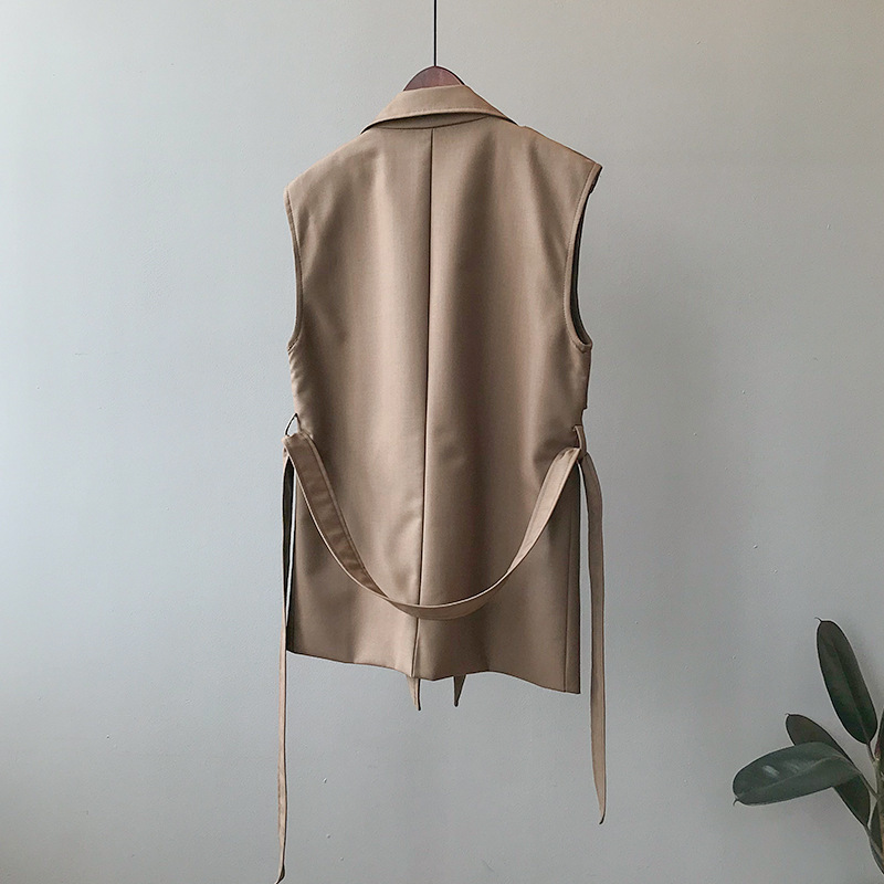 Fahion Minimalist Sleeveless Vest Trench Coat Elegant OL Overcoat Autumn Loose Lapel Casual Windbreaker Tops 210421