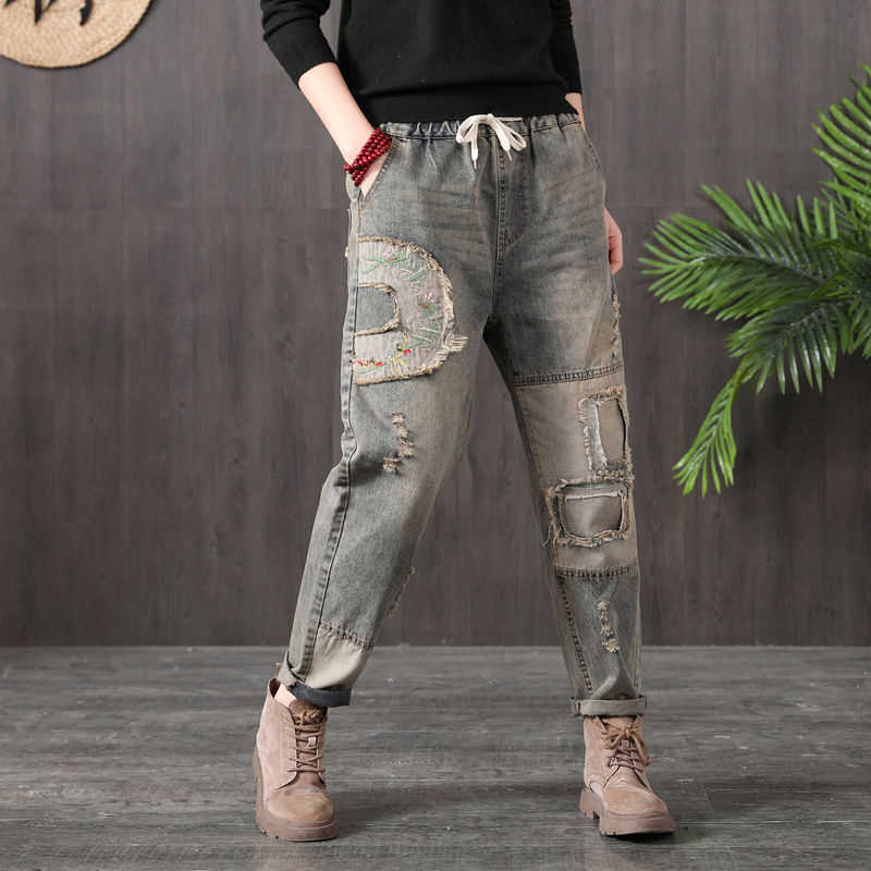 Arrival Spring Arts Style Women Elastic Waist Cotton Denim Harem Pants Patchwork Pocket Vintage Loose Ripped Jeans S582 210922