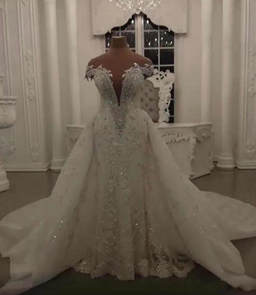 Latest Off the Shoulder Wedding Dresses with Detachable Train Plus Size Crystals Bead IIIusion Back mermaid Bridal Gowns
