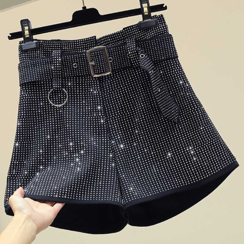 Drilling Heavy Industry High Waist Shorts Women Autumn Winter Diamond 2021 Fashion Belt Wide Leg Boots Women's