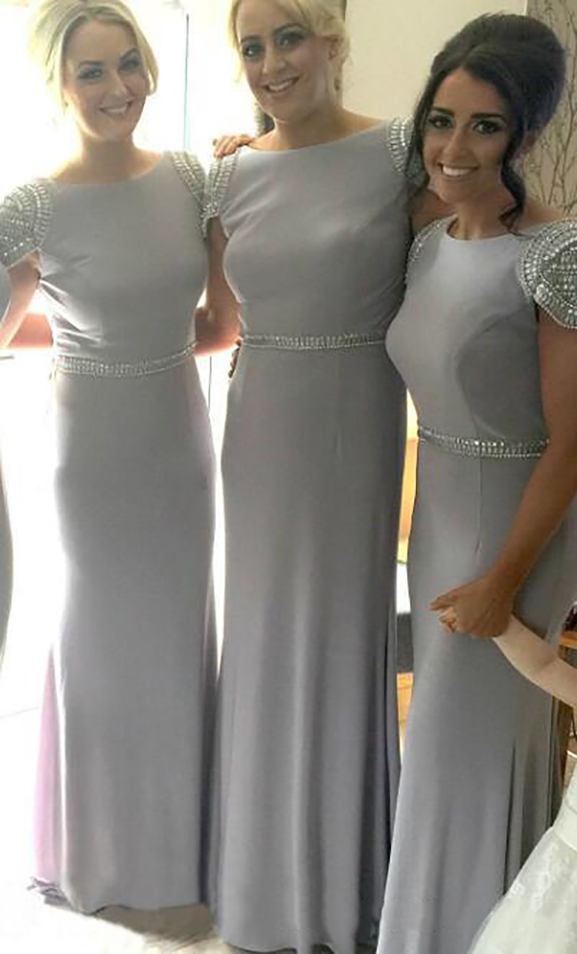 Long Gray Bridesmaid Dresses Cap Sleeve Beadings Waist Floor Length Sheath Girls Party Gowns Wedding Guest Dress Custom Size