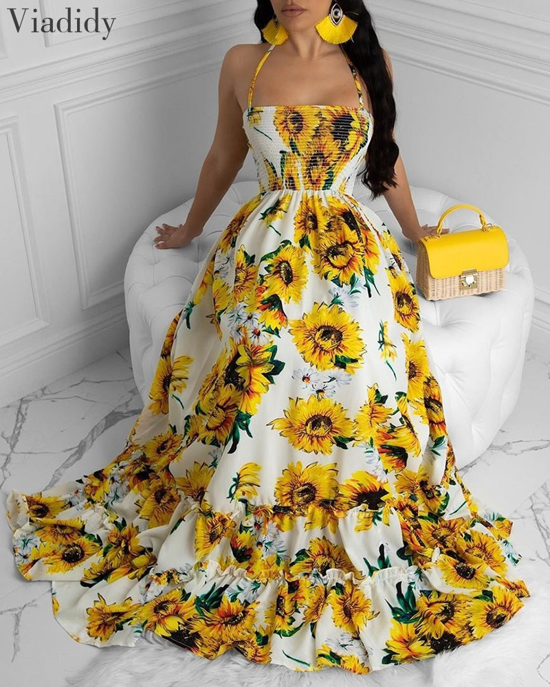 Women Sexy Open Back Sunflower Print Bandage Boho Maxi Dress Summer Beach Holiday Halter Sleeveless Long Dress, Red
Women Sexy Open Back Sunflower Print Bandage Boho Maxi Dress Summer Beach Holiday Halter Sleeveless Long Dress, Red
