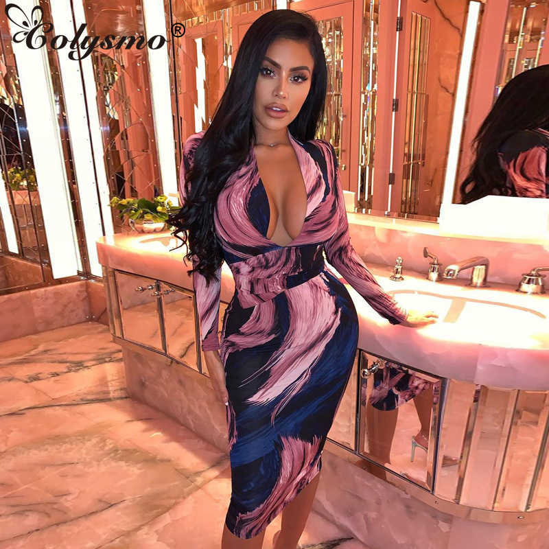 Colysmo Colorful Print Autumn Party Dress Deep V Neck Long Sleeve Sexy Women Sashes Bodycon es Nightclub Slim Clothes 210527