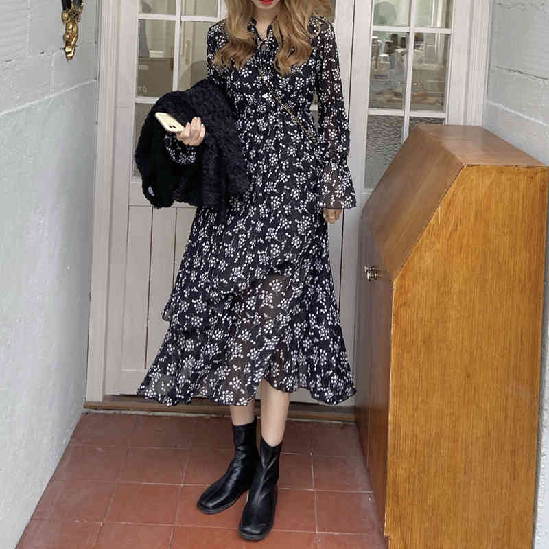 Spring French Style Vintage High Waist Loose Floral Dresses Lady V Neck Ruffle Sleeve Casual Chic Long Dress Women D12701X 210416