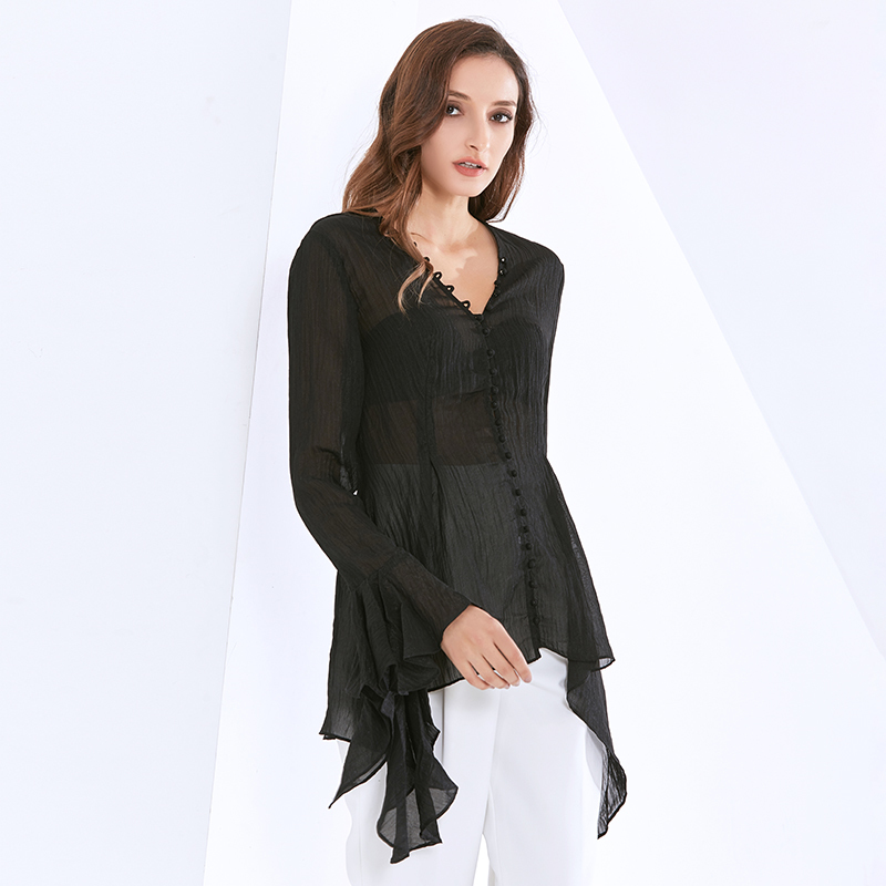 Elegant Thin Shirt For Women V Neck Flare Long Sleeve Tunic Black Blouse Female Fashion Clothing Style 210524