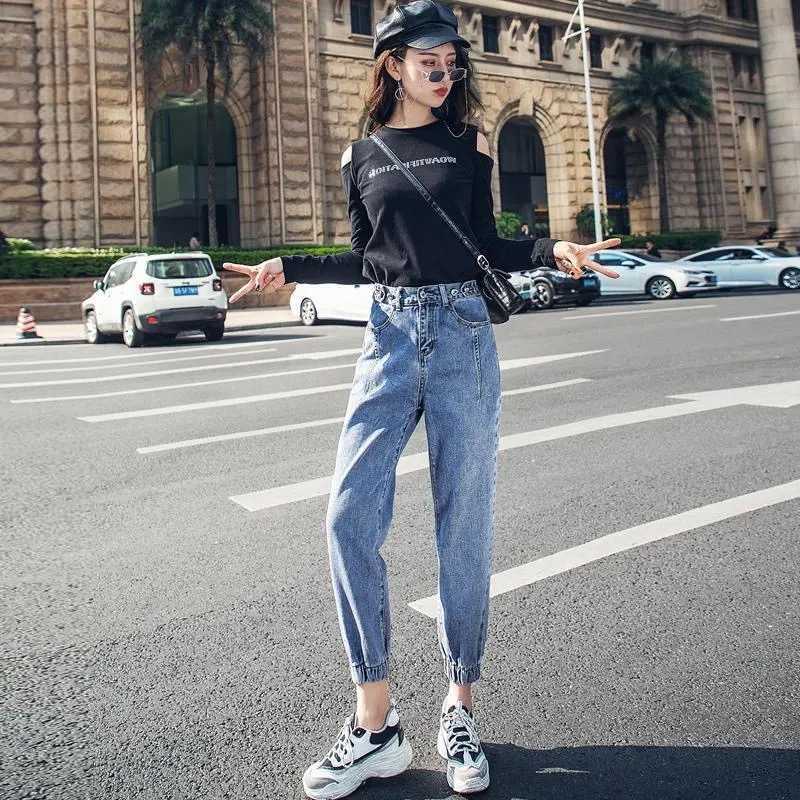 High waisted jeans women spring loose tight fitting waist leggings feet thin nine points harem pants ins net red trend 210922