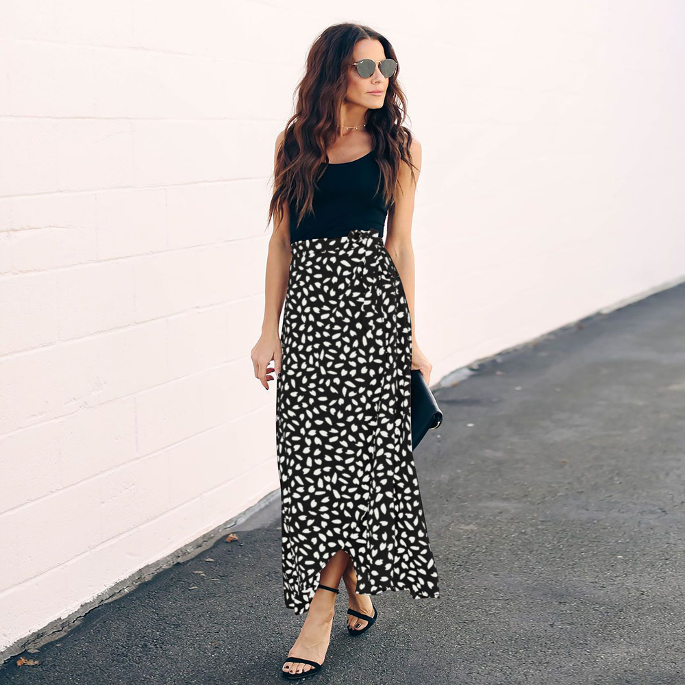 Split High Waist A-Line Skirt Dot Printed Summer Women Beach Party Long Skirt New High Waist With Belt Ruffles Wrap Skirts 210415