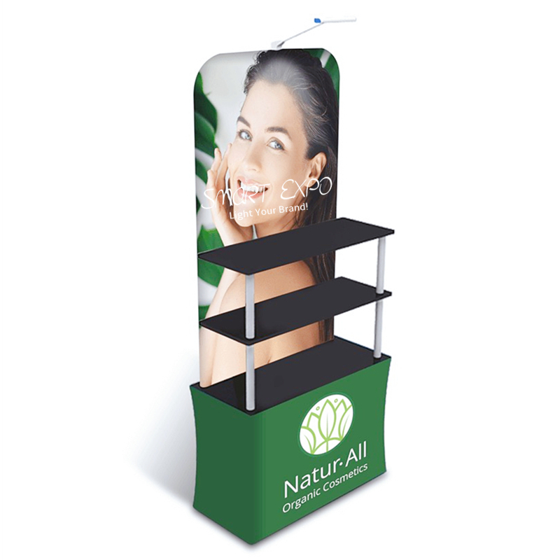 Trade Fair Advertising Display Promtion Counter Rack with HDF Top-Bottom Boards Thick Aluminum Tube Tension Fabric Printed Graphic Portable Carry Bag