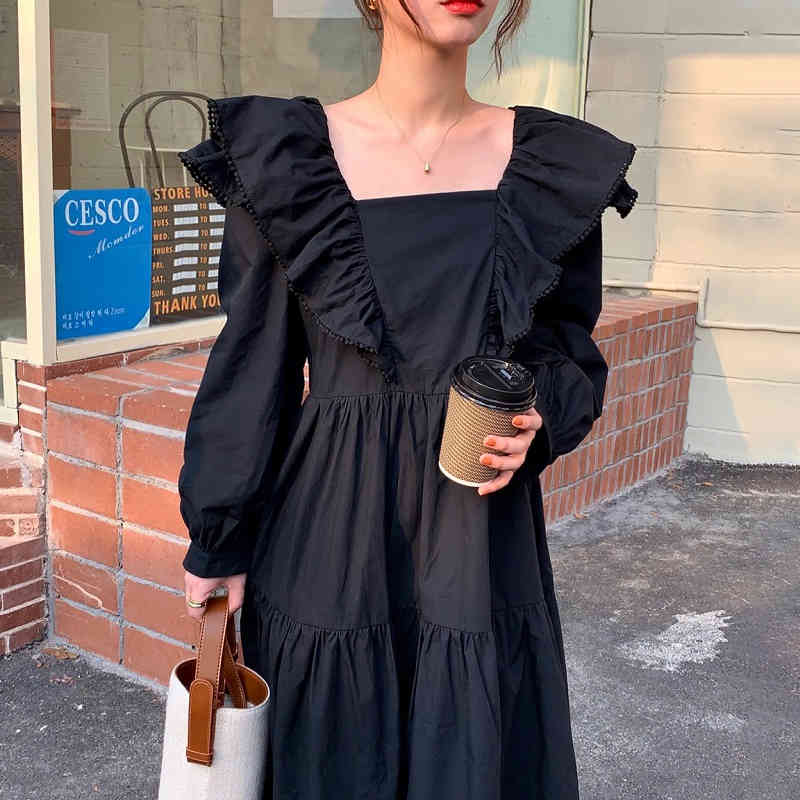 Nomikuma Korean Sweet Double Ruffle Dresses Vintage Square Collar Puff Long Sleeve Vestidos Spring New Women Dress 6E196 210427