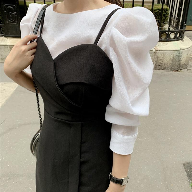 Two Piece Dress [EWQ] 2021 Spummer Thin Section Bubble Sleeve Shirt + Slim Black Wrapped Chest High Waist Suspender Suit Women QV178