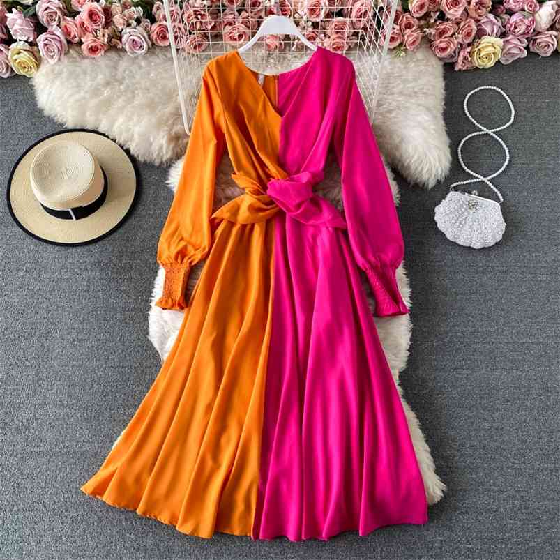 Spring Summer Fashion Color Block Holiday Dres Lantern Sleeve V-Neck Contrast Fold Crossing Ladies Long 210623