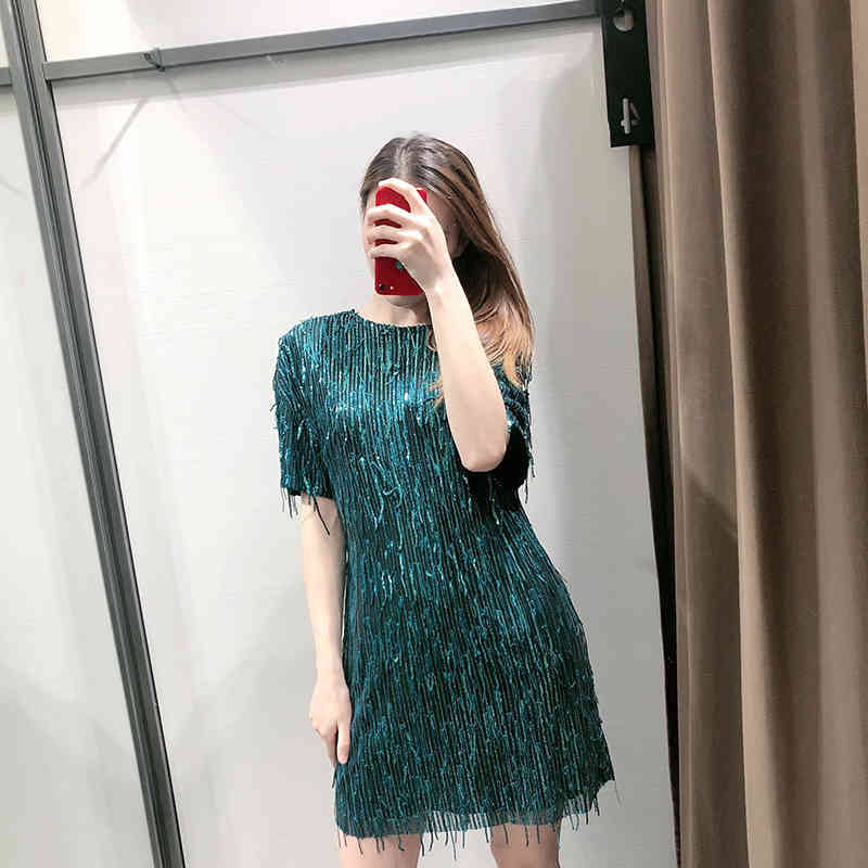 Fashion Women Sequins Short Sleeve Mini Dress Summer Patchwork O Neck Lady Party Dresses Black Green Color Sundresses Ropa Mujer 210515
