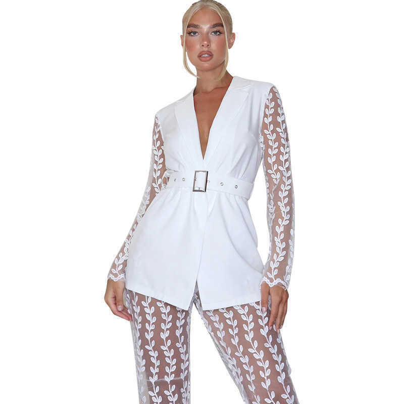 Fashionable Women Lace Party Outfits Embroidery Two Piece Sets Lady's V-Neck Sashes Tops High Waist See Through Flared Pant 210930