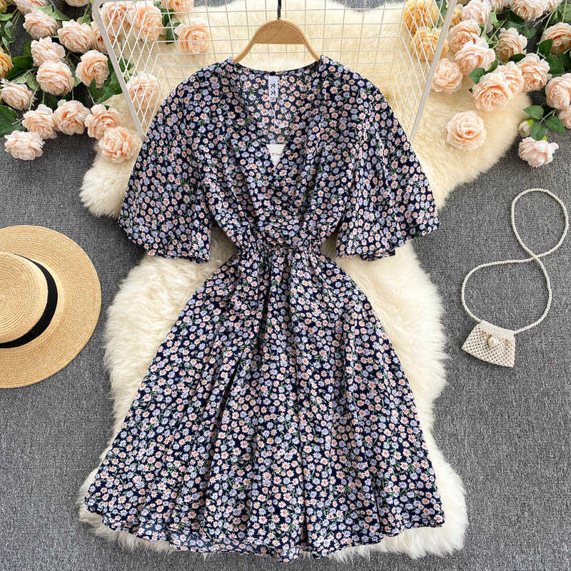 DEAT Women Printing Vacation Dress V-Neck Short Sleeve Arrivals Lady Temperament Fashion Spring Summer 11D582 210709