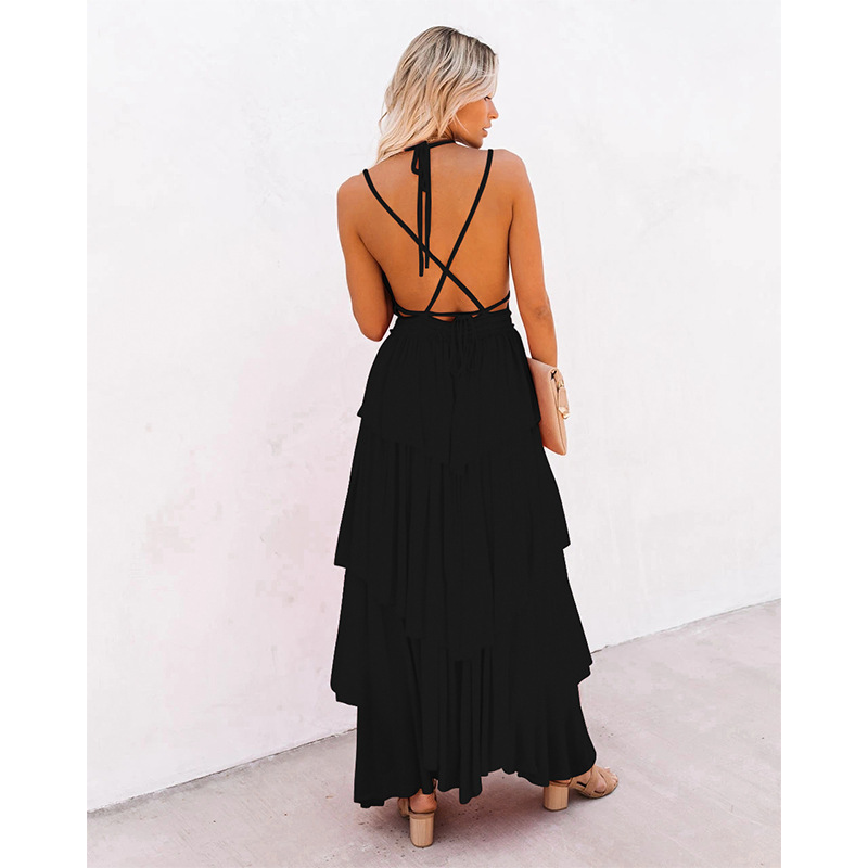 Women Dress Deep V Neck Sleeveless Backless Sexy Spaghetti Strap Temperament Ruffle Party Dresses Plus Size Maxi 210513