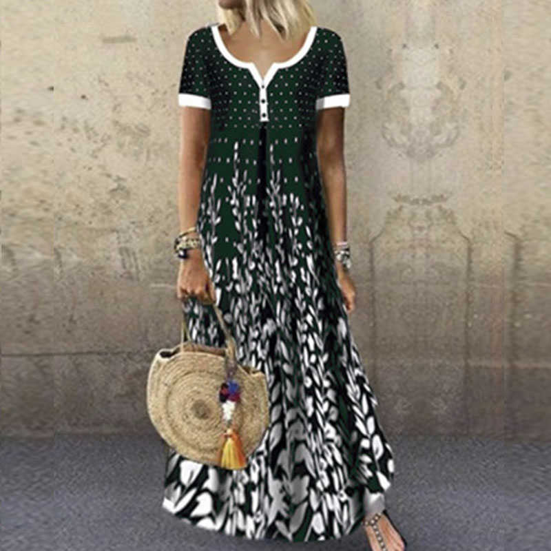 Casual Women Position Print Long Dress Summer Short Sleeve V-neck Dresses Ladies Loose Beach Maxi Dress Vestidos Plus Size Q0707