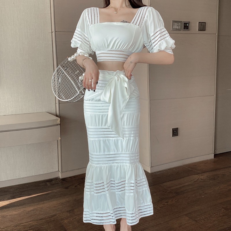 Summer 2pcs Set Women Boho Elegant Square Collar Puff Sleeve Sexy Crop Top + High Waist Bodycon Bowknot Mermaid Skirt Suit 210519