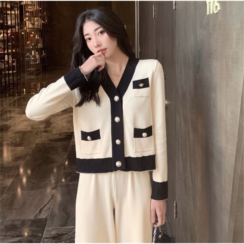 Autumn fashion women's 2 piece set long-sleeved Cardigan v-neck sweater Tops + wide-leg casual pants knitted suit women 210519