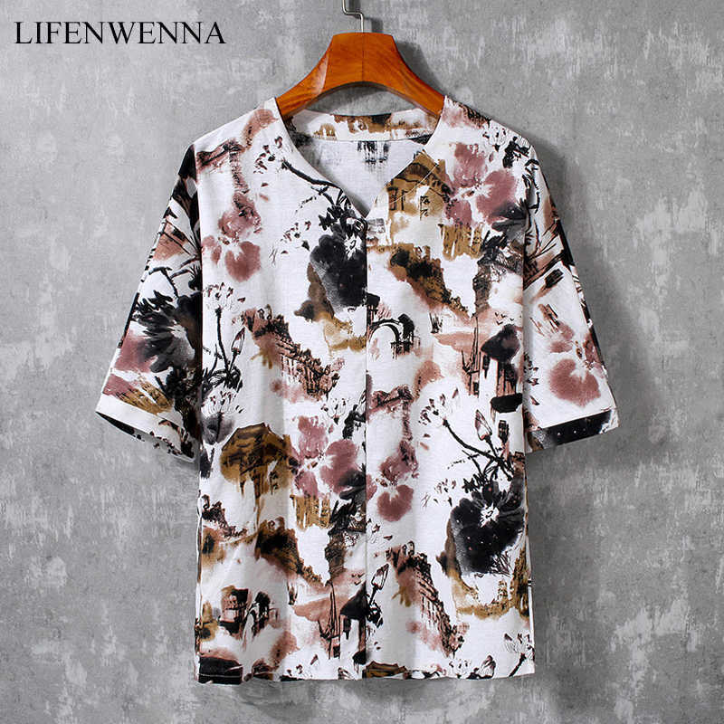 LIFENWENNA Fashion Buckle V Neck Short Sleeve T Shirt Men Summer Casual Flower Print Cotton Linen Men's Hip Hop Top Tees 5XL 210528