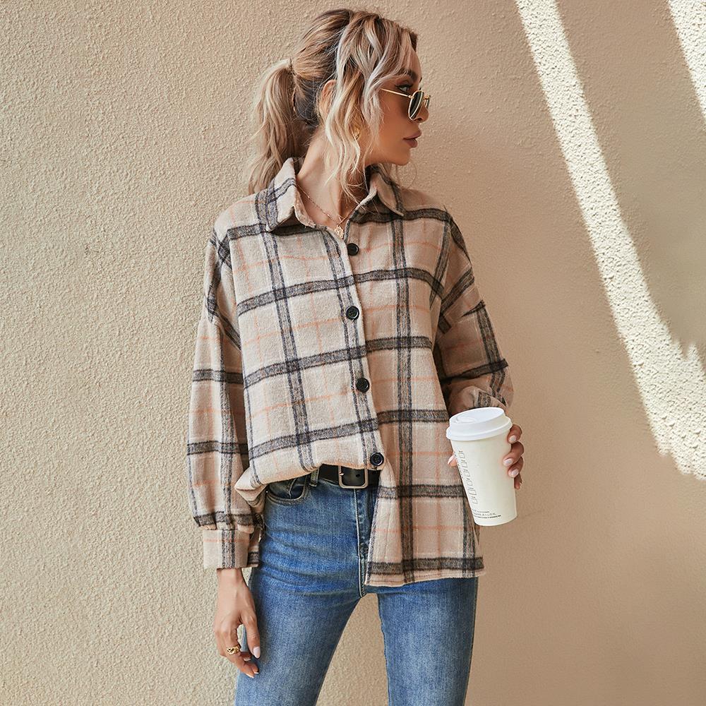 Coats And Jackets Women Loose Warm Casual Plaid Button Up Collar Shirt Outerwear Clothes Korean Fashionable Autumn Winter 210415
