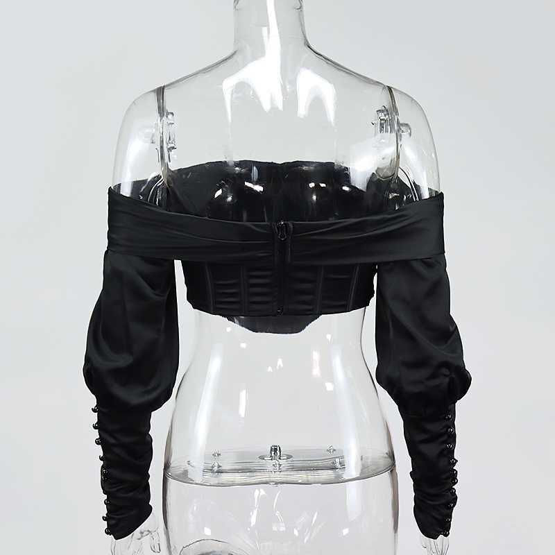 Colysmo Puff Sleeve Shirts Off Shoulder Top Elastic Lining Back Boning Zipper Buttons Black Satin Crop Fashion Women Blouses 210527