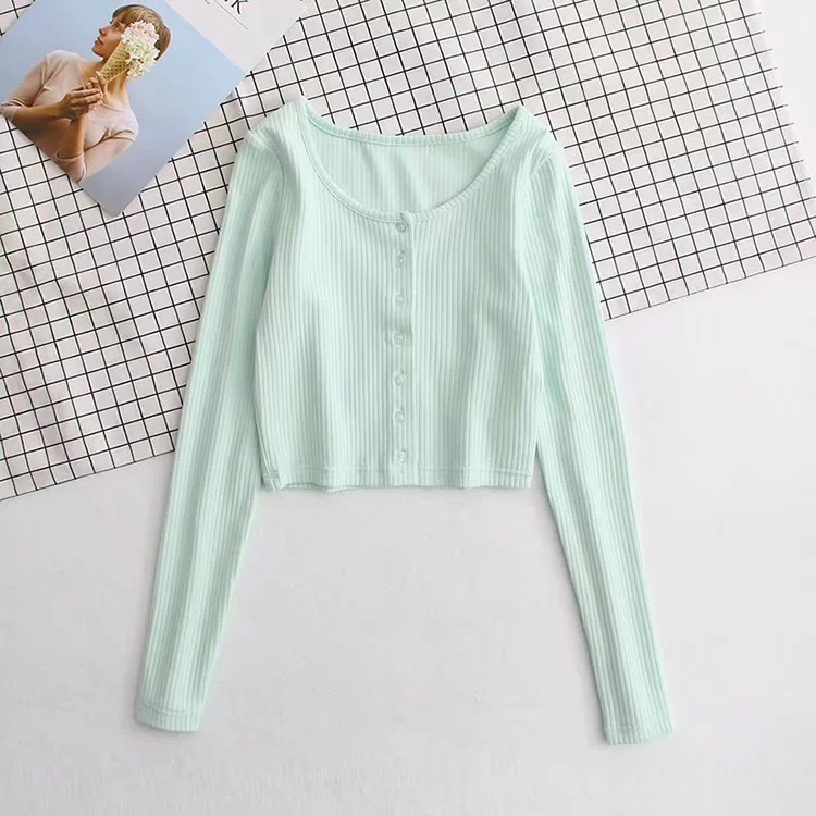 90's Vintage O neck Long Sleeve Tee Base T-shirts Cool Girl Single-breasted Button Short T-shirt crop top white 4 colors 210429
