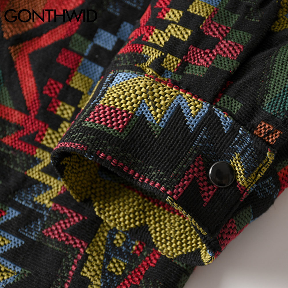 GONTHWID Southwestern Aztec Tribal Indian Button Shirts Streetwear Hip Hop Geometry Pattern Casual Long Sleeve Shirt Tops Coats 210410