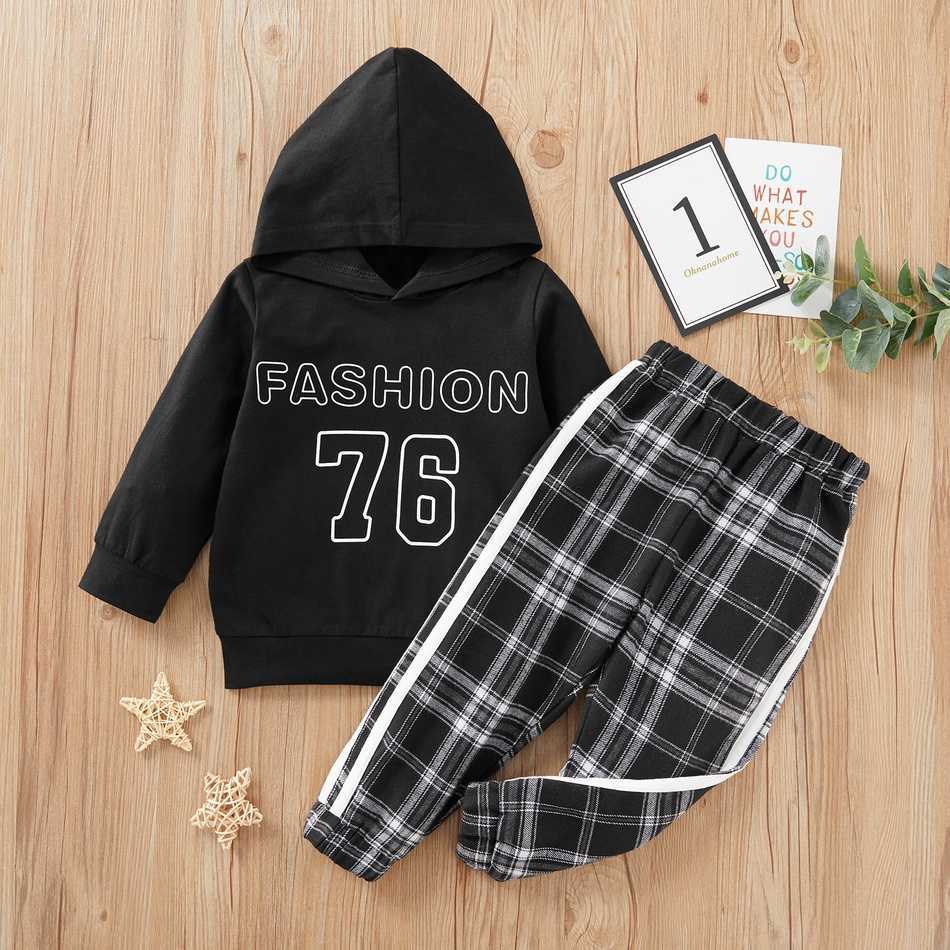 Arrival Spring and Autumn 2-piece Baby Toddler Letter Hooded Pullover Plaid Pants Set Children's Clothing 210528