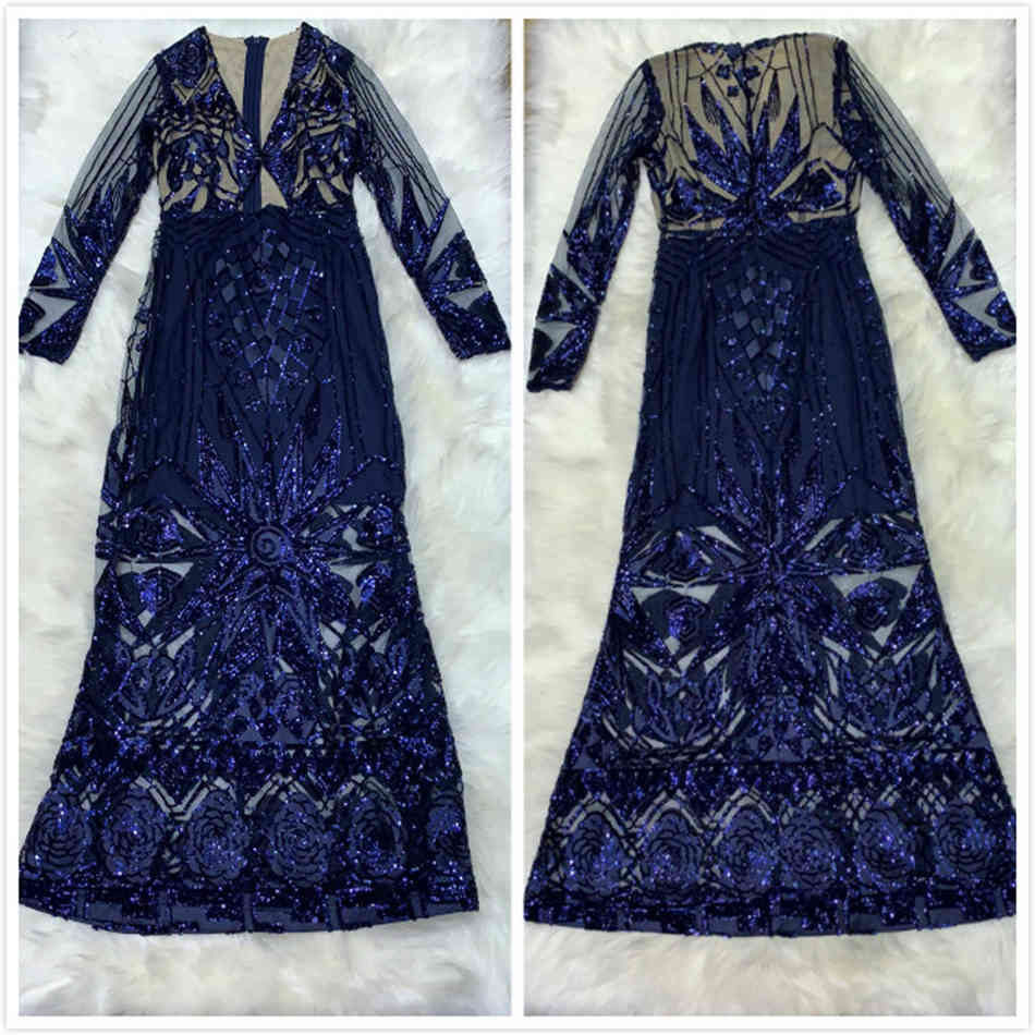 Free Women's Blue Sequin Long Dress Sexy V-neck Mesh Sleeve Bodycon Hollow Celebrity Club Party Vestidos 210524