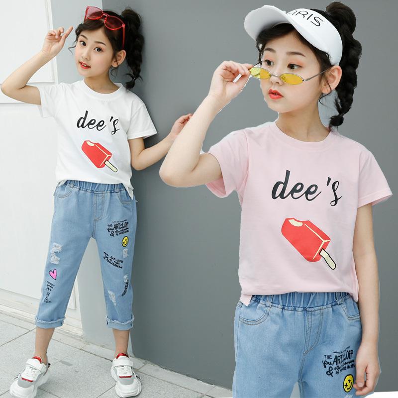 Clothing Sets IENENS Kids Girl Set Short Sleeves Clothes Suit Thin Letter T-shirt + Jeans Fit 4-13 Years Child Summer Outfit, White 
Clothing Sets IENENS Kids Girl Set Short Sleeves Clothes Suit Thin Letter T-shirt + Jeans Fit 4-13 Years Child Summer Outfit, White