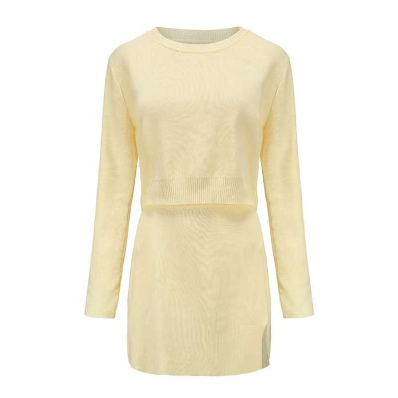 Autumn Knitted Turtleneck Women's 2-piece Sets Solid Long Sleeve Crop Top Side Split Skirt Suit Female Fashion Lady Clothes 210709