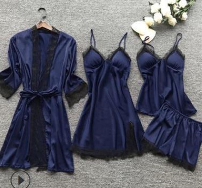 Summer Women Pajama Sets 4 Pcs Sexy Lace Pyjamas Women Satin Silk Sleepwear Elegant Pijama with Chest Pads Homewear