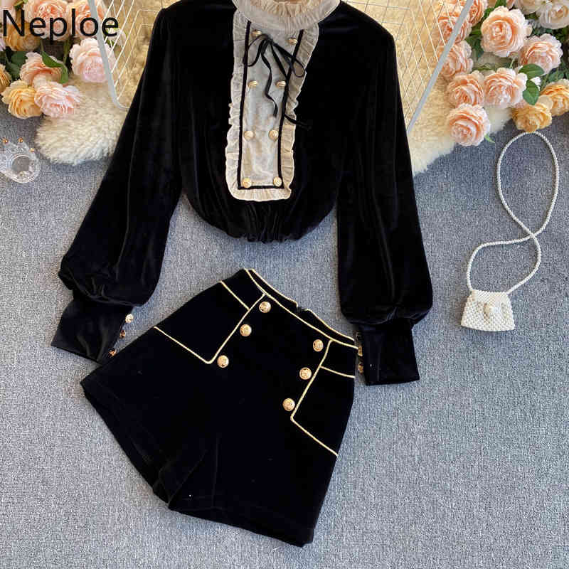 Neploe Two Piece Outfits for Women Temperament Korean Suit OL Vintage Tops Slim Short Pants Femme Roupas Chic 2 Piece Set 4H192 210422