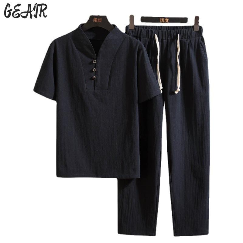 Men's Tracksuits Comfortable Summer Linen Short-sleeved T-shirt Set Retro Cotton Big Size And Nine-point Pants, Black tshirt pants
Men's Tracksuits Comfortable Summer Linen Short-sleeved T-shirt Set Retro Cotton Big Size And Nine-point Pants, Black tshirt pants