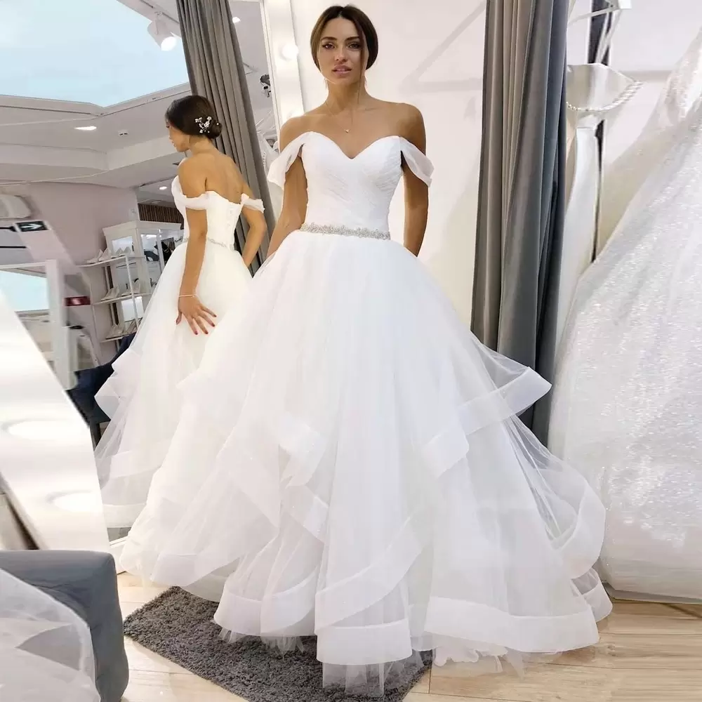 Plus Size A Line Wedding Dresses Bridal Ball Gown Off The Shoulder Beaded Waist Tiered Skirt Floor Length Custom Made Party Gowns Vestido De Novia