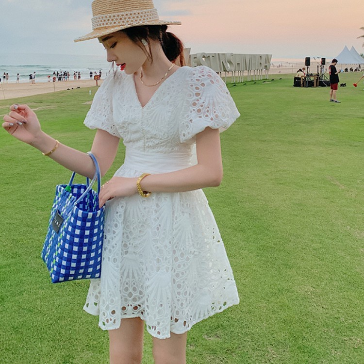 White Embroidery Hollow Out Lace A-Line Dress Women V-Neck Puff Sleeve Single-Breasted High Waist Slim Beach Mini 210519