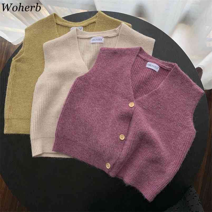 Spring Autumn Vintage Sleeveless V-neck Knitted Vest Sweater Women Solid Pullovers Ladies Casual Tank Top 210519