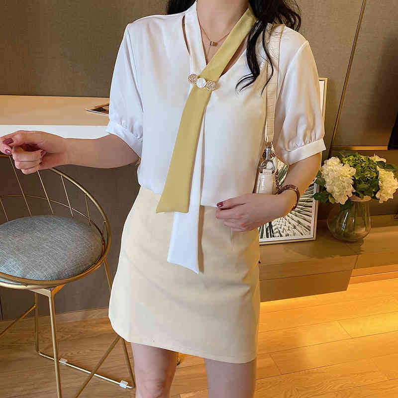 Korea Style Blouse Women Summer Vintage Necktie Sexy V-neck Short Sleeve Woman's Shirt Puff Chiffon 10352 210427