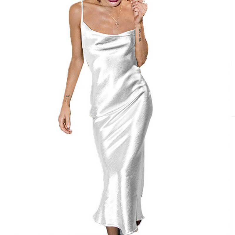 Sexy Spaghetti Strap Backless Spring Summer Dress Women Satin Lace Up Trumpet Long Dress Elegant Bodycon Party Dresses 210702