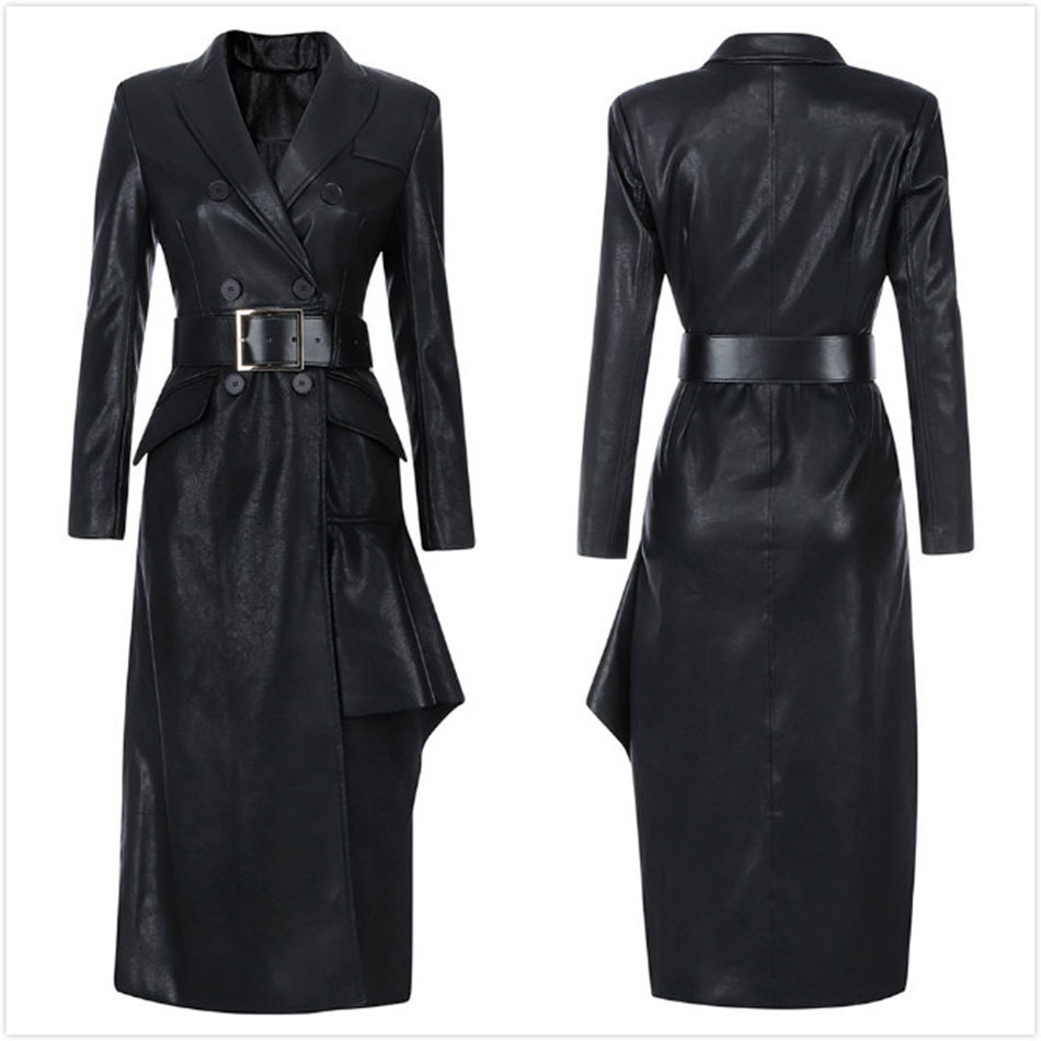Free Chic Faux Leather Dress Elegant Women Lapel Long Sleeve Belt Double Breasted Marx Club Party PU es 210524
