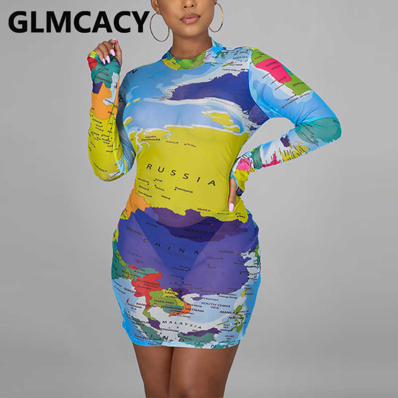 Women Long Sleeve Mesh Map Printed Bodycon Dress Sexy Party Club Dresses 210702