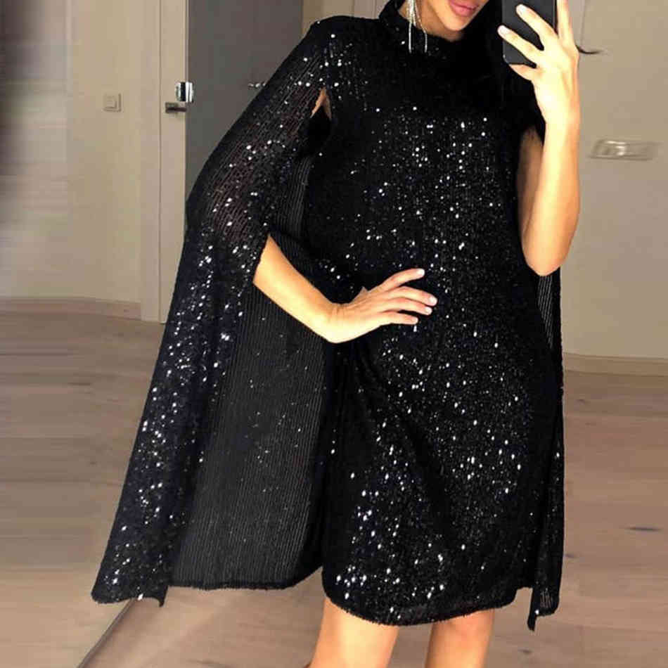 Free Shiny Sequin Dress Women Fashion Stand Collar Cape Sleeve A Line Mini Celebrity Club Party es 210524