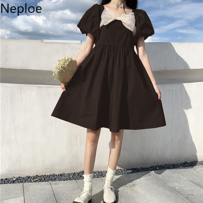 Neploe Preppy Style Women Dress Summer Square Collar Puff Sleeve Vestido Mujer Korean Fashion Bow Loose Black Dresses 94816 210422