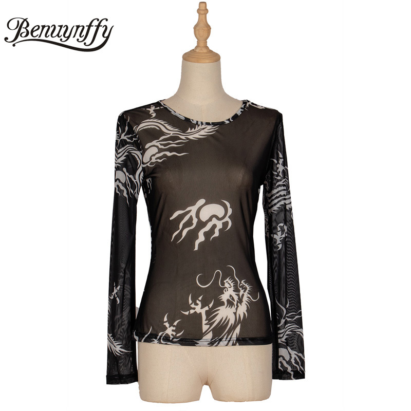 Sexy See Through Crew Neck Long Sleeve T-Shirt Women Harajuku Streetwear Dragon Print Ladies Slim Fit Stretch Tops 210510