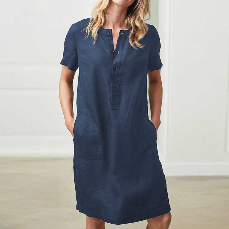 Women Short Sleeve Button Cotton Linen Summer Dress Oversize Loose Casual Breasted Pocket Solid Midi Straight Dresses Femme 210526