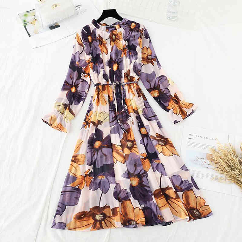 Spring Autumn Floral Print Dress Women Casual Long sleeve Ruffles Chiffon Dress Sweet Pleated Midi Long Dress Vestidos 210521