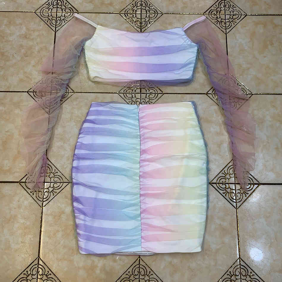 Free Women's Gradient Color Set Sexy Draped Tulle Long Sleeve Short Top & Mini Skirt Club Party Two-piece 210524