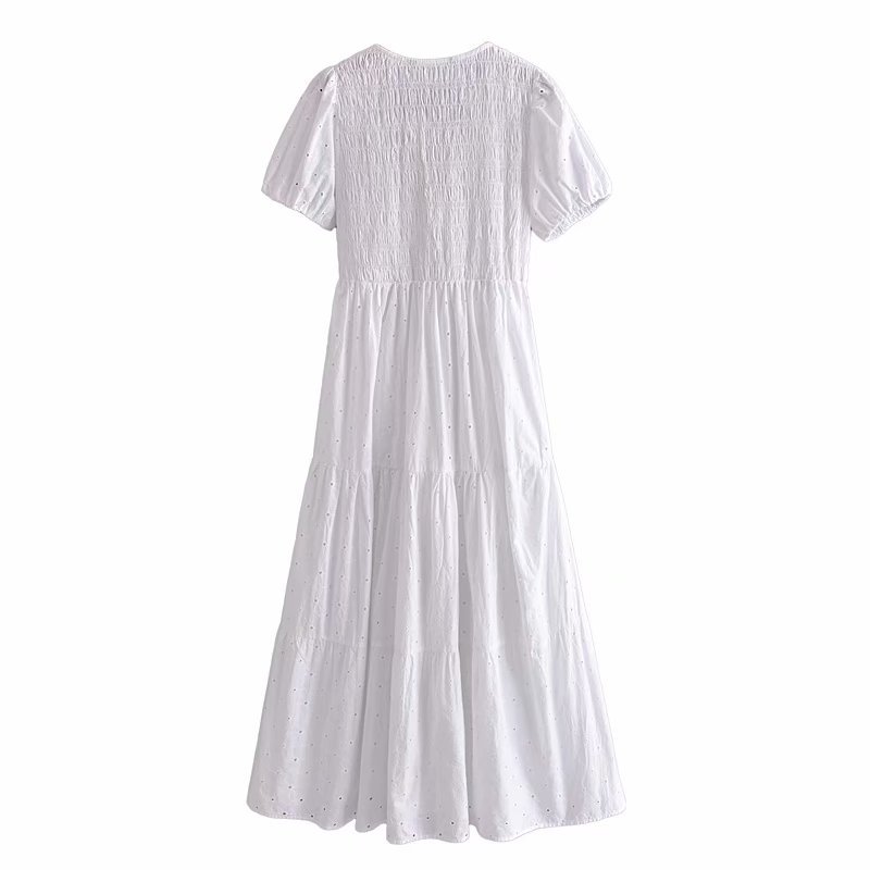 Women Embroidery Dress Hollow Out Short Sleeve V-Neck Maxi Dresses Chic Lady Casual Fashion Clothes 210517