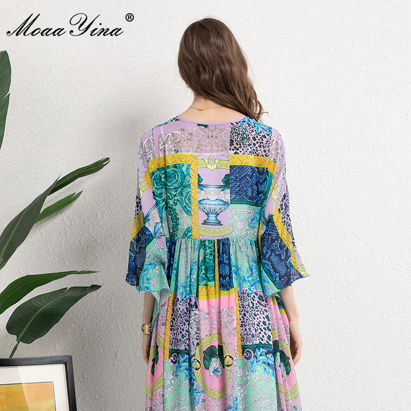 Women's Summer Loose Vacation Dresses 3/4 sleeve Colorblock printing Bohemia Style A-Line Chiffon Maxi Dress 210524
