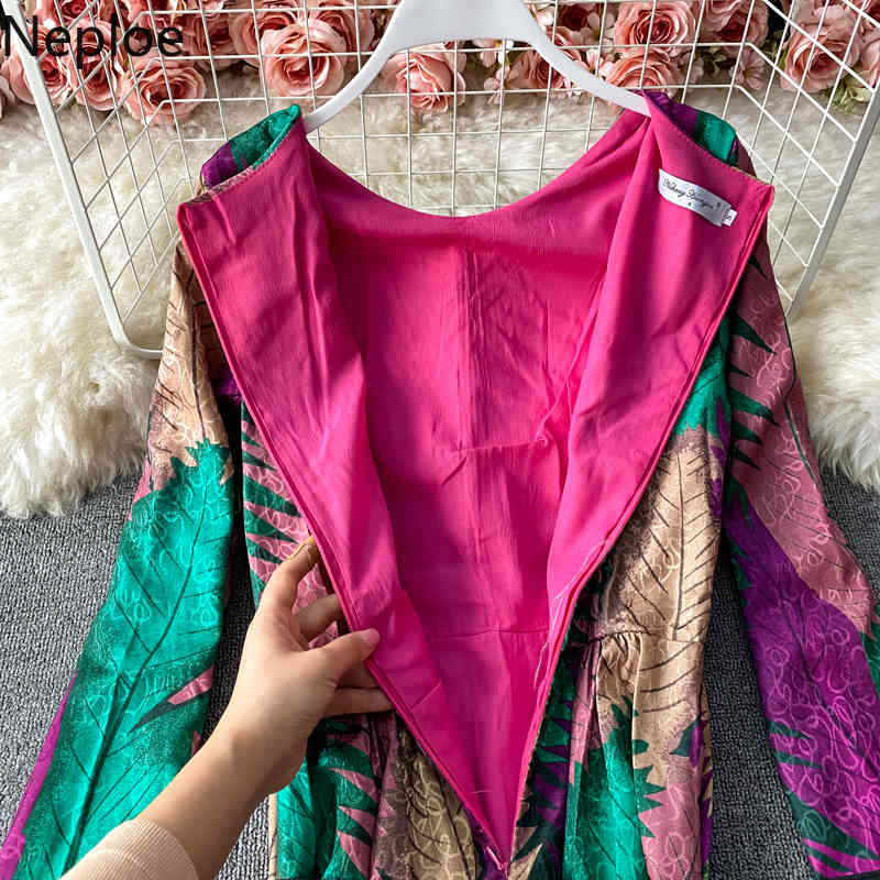 Neploe Maxi Dresses for Women O-neck Long Sleeve Print Vestidos Mujer Beach Style Lace Up Slim Waist Big Swing Elegant Dress 210422